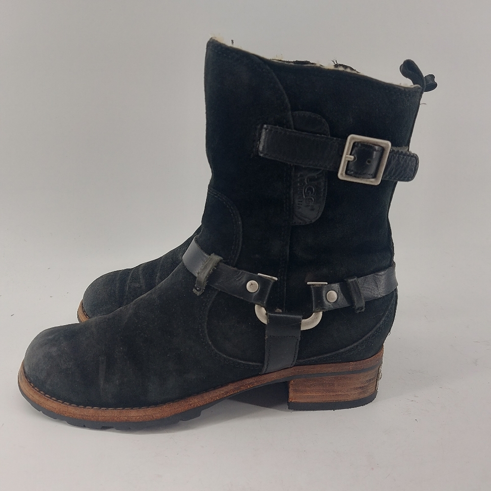 UGG 5604 Endell Harness Biker Winter Boots Black Suede Shearling Lined Size 6